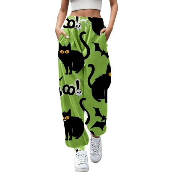 Fiaer,Halloween Sweatpants for Women High Waisted Active Joggers Plus Size Pants Baggy Lounge Bottoms with Pockets Green M