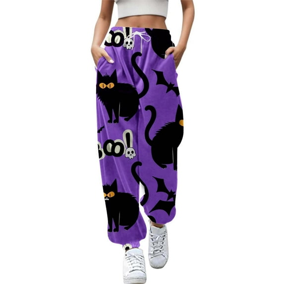 Fiaer,Halloween Sweatpants for Women High Waisted Active Joggers Plus Size Pants Baggy Lounge Bottoms with Pockets Purple XXL