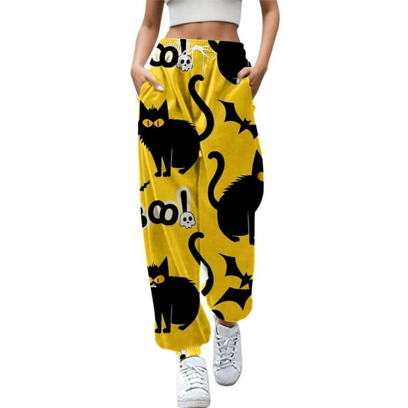 Fiaer,Halloween Sweatpants for Women High Waisted Active Joggers Plus Size Pants Baggy Lounge Bottoms with Pockets Yellow XL