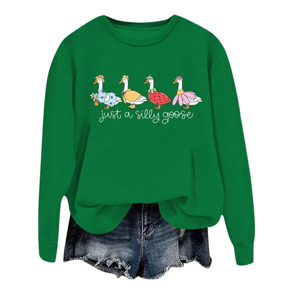 Fiaer Halloween Sweatshirts Women Goose Letter Graphic Crew Neck Pullover Long Sleeve Loose Fit Trendy Breathable Tops Green XL