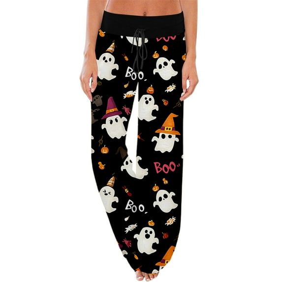 Fiaer,Halloween Wide Leg Plus Size Pants for Women,Women's Pumpkins Printed Baggy Elastic Waist Trousers,Ladies Drawstring Trendy Lounge Joggers Dark Purple S