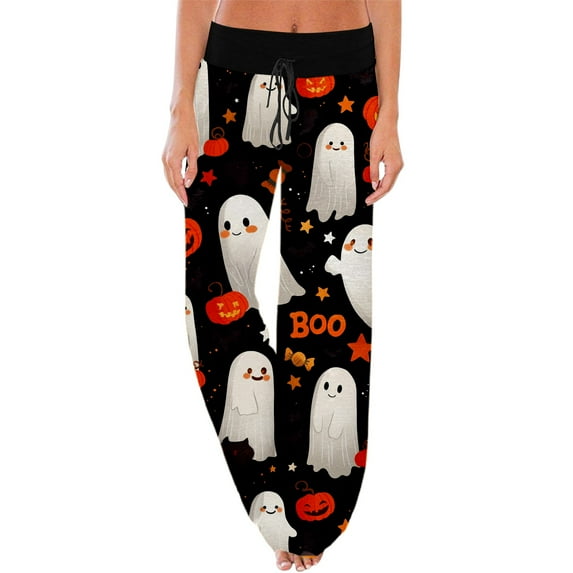 Fiaer,Halloween Wide Leg Plus Size Pants for Women,Women's Pumpkins Printed Baggy Elastic Waist Trousers,Ladies Drawstring Trendy Lounge Joggers Light Purple S