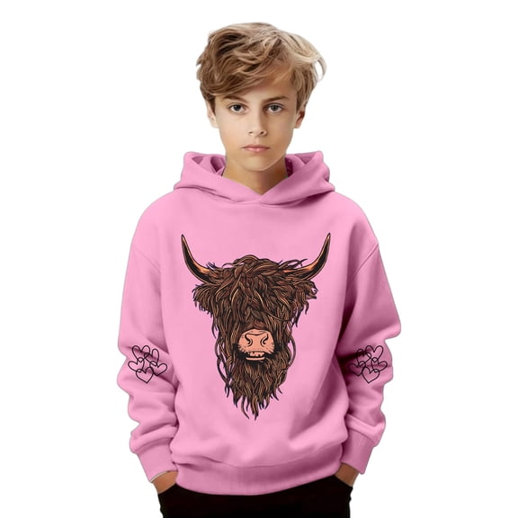 Fiaer Highland Cow Hoodie for Girls Boys Cowgirl Shirt Funny Graphic Sweatshirt Cute Tops,Size 2-14 Years Pink 130