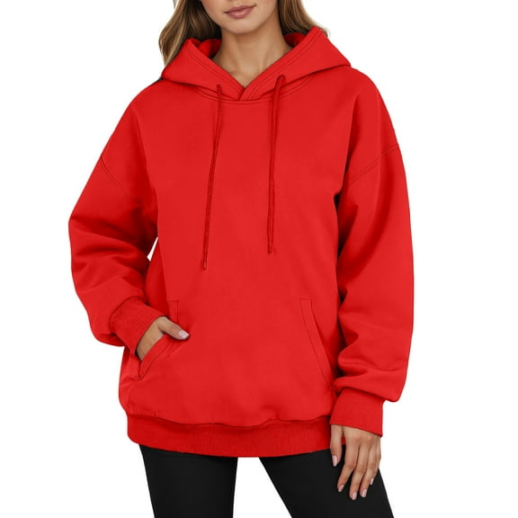 Fiaer Hoodie Women Oversized Long Sleeve Hooded Sweatshirts Baggy Fall Winter Drawstring Raglan Sleeves Tops with Pocket Red L
