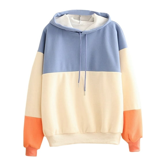 Fiaer Hoodies for Women Trendy Plus Size Hooded Sweatshirts Color Blocking Baggy Drawstring Long Sleeve Baggy Tops Blue XL