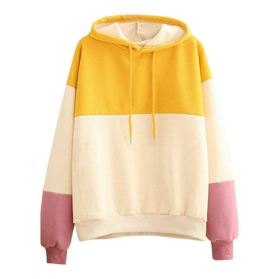 Fiaer Hoodies for Women Trendy Plus Size Hooded Sweatshirts Color Blocking Baggy Drawstring Long Sleeve Baggy Tops Yellow XL