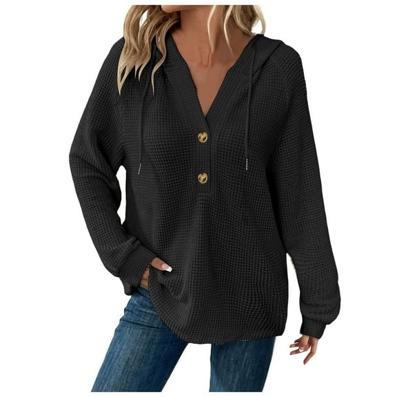 Fiaer,Hoodies for Women Waffle Knit Long Sleeve Plus Sizer Hooded Sweatshirt Drawstring Button V Neck Casual Hooded Pullover Loose Fit Tops Black XXL
