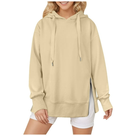 Fiaer,Hoodies for Women with Side Zipper Plus Size Long Sleeve Hooded Sweatshirts Loose Fit Trendy Drawstring Solid Color Tops Yellow XL