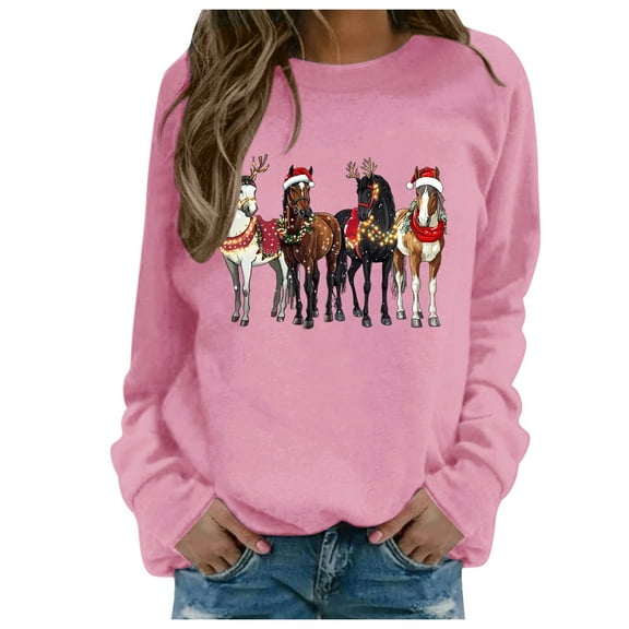 Fiaer Horse Christmas Sweatshirt for Women Western Crewneck Long Sleeve Pullovers Loose Fit Trendy Tops for Horse Lover Gift Pink XL