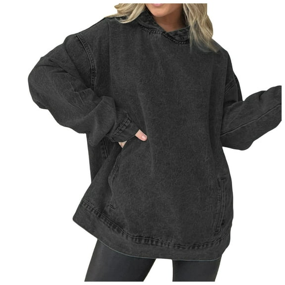 Fiaer Jeans Hoodie for Women Plus Size Trendy Denim Hooded Sweatshirts Long Sleeve Loose Fit V Neck Casual Button Tops with Pocket Black M