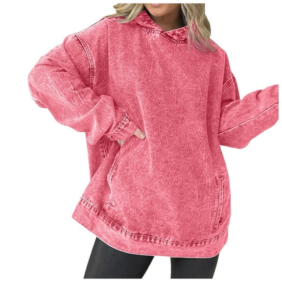 Fiaer Jeans Hoodie for Women Plus Size Trendy Denim Hooded Sweatshirts Long Sleeve Loose Fit V Neck Casual Button Tops with Pocket Watermelon Red XL