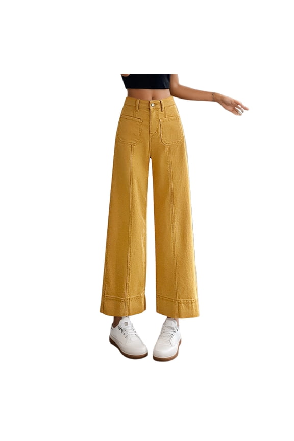 ,Jeans for Women,Cargo Pants Women Oversized High Waisted Women Baggy Wide Leg Casual Denim Trousers Stretch Loose Fit Slacks Yellow M