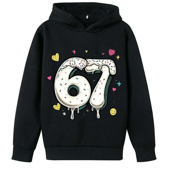 Fiaer Kids Funny Six Seven Hoodies for Boys Girls 6 7 Meme Gen Alpha Slang 67 Ice Cream Printed Long Sleeve Hooded Sweatshirt,Size 2-14 Years Black 160