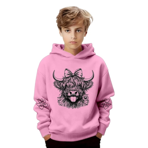 Fiaer Kids Highland Cow Hoodie Cowboys Shirt Funny Graphic Sweatshirt Cute Tops,Size 2-14 Years Pink 100