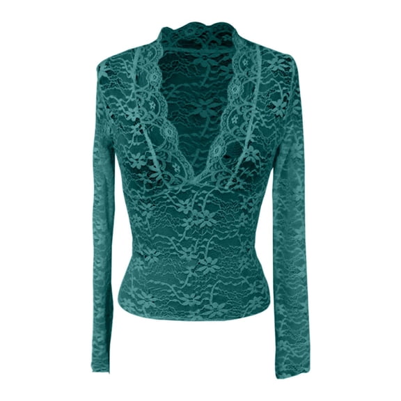 Fiaer Lace Cropped T Shirts for Women Deep V Neck Slim Fit Long Sleeve Tshirts Fashion Hollow out Solid Color Tops Green M