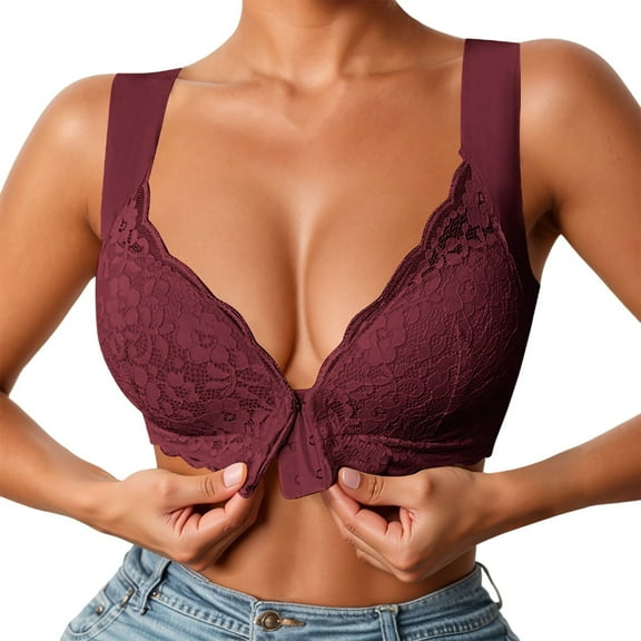 Fiaer Lace Front Closure Bras for Women Seamless No Underwire Push up Comfort Breathable Bra Red XL