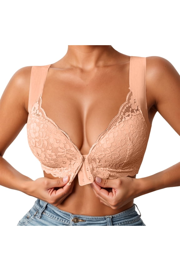 Lace Front Closure Bras for Women Seamless No Underwire Push up Comfort Breathable Bra Rose Gold M