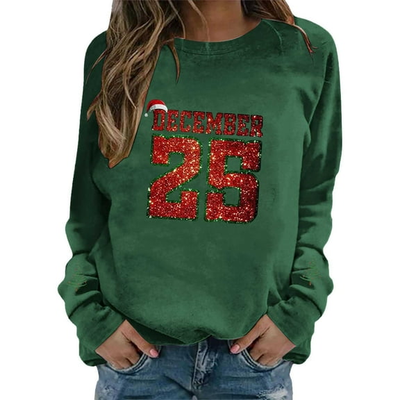 Fiaer Ladies Sweatshirts Christmas Sequin Letter Graphic Crew Neck Pullover Plus Size Long Sleeve Baggy Xmas Tops Dark Green L