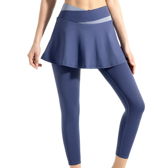 Fiaer Leggings for Women with Skirt High Waisted Athletic Flowy Skirted Pants Plus Size Slim Fit Solid Color Trousers Blue XXL