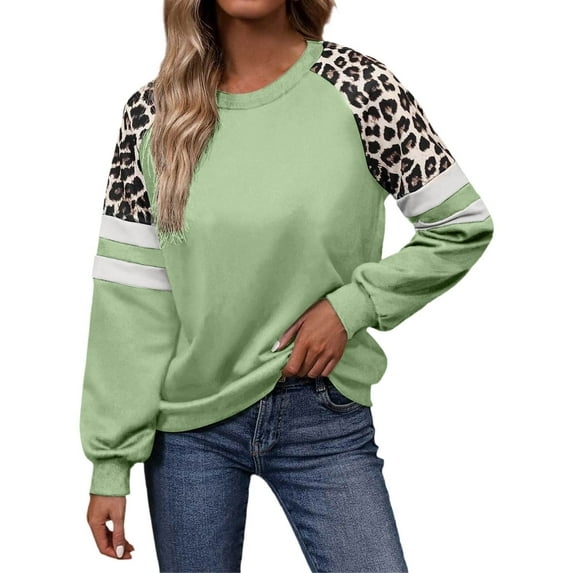 Fiaer Leopard Crew Neck Sweatshirts Women Plus Size Long Sleeve Pullover Warm Fashion Loose Fit Fall Comfort Tops Mint Green M