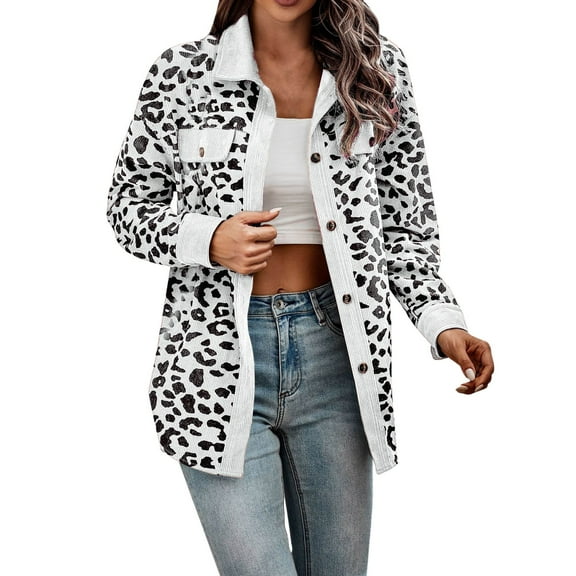 Fiaer,Leopard Print Long Sleeve Shirts for Women,Womens Blouses Oversized Button down V Neck,Going out Workout Casual Fall Trendy Tops for Women with Pocket White1 XXL