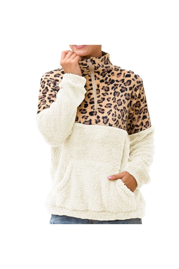 Leopard Quarter Zip Pullover Women Plus Size Sweatshirts Long Sleeve Lapel Collared Baggy Tops with Pocket WH1 S