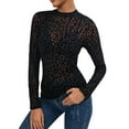 thumbnail image 1 of Fiaer Leopard Undershirts for Women Mesh Crew Neck Long Sleeve T Shirts See Through Fashion Tshirts Slim Fit Tops Black XL, 1 of 9