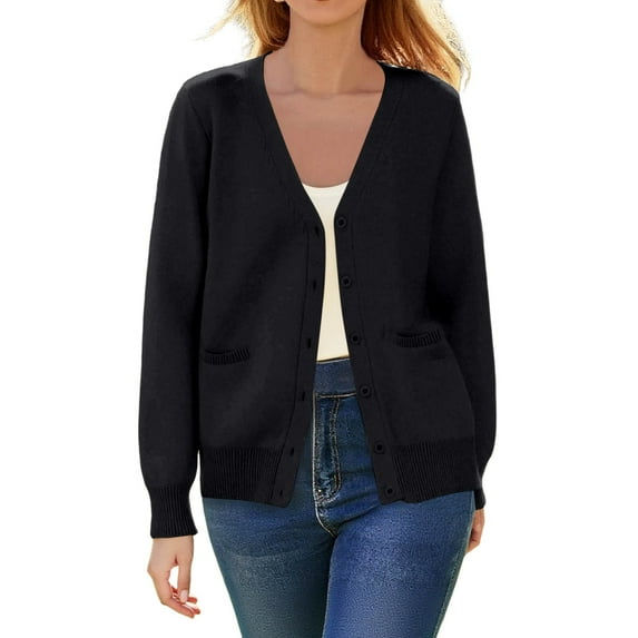 Fiaer Lightweight Cardigan Sweaters for Women V-Neck Casual Long Sleeve Pocket Tops for Daily Black XS