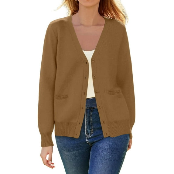 Fiaer Lightweight Cardigan Sweaters for Women V-Neck Casual Long Sleeve Pocket Tops for Daily Khaki L
