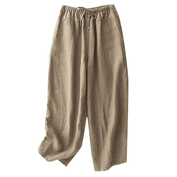 Fiaer,Linen Loose Fit Pants for Women,Ladies Plus Size Palazzo Trousers,Womens Comfy Breathable Lace up Slacks with 2 Pockets Khaki XXL