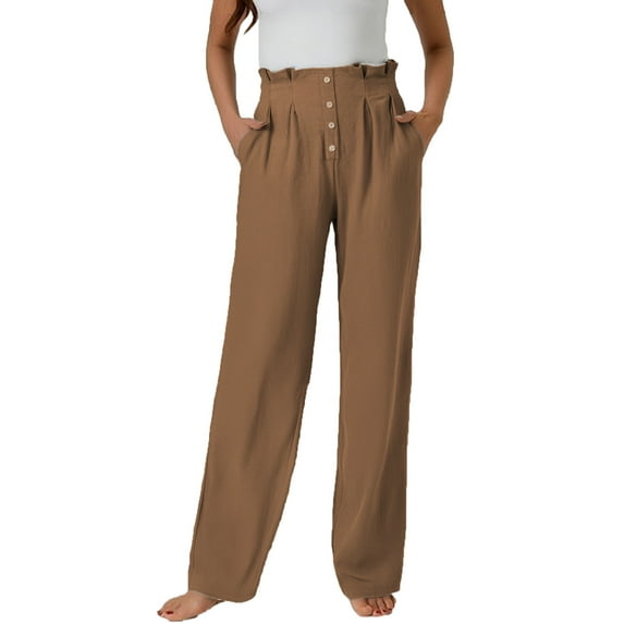 Fiaer,Linen Pants Women Straight Suit Pants Women's High Elastic Waisted Business Work Plus Size Buttons Decor Trousers Brown XL