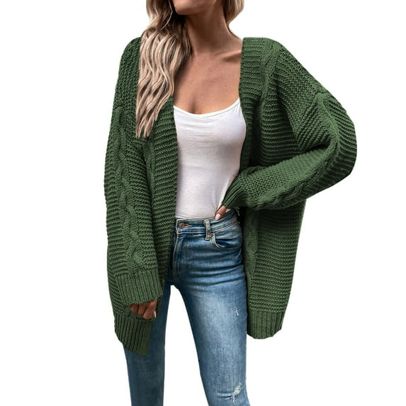 Fiaer Long Cardigan Sweaters For Women Long Sleeve Solid Loose Fit Casual Trendy Open Front Knitted Tops Green L