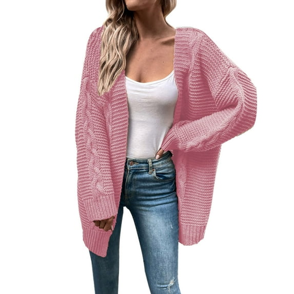 Fiaer Long Cardigan Sweaters For Women Long Sleeve Solid Loose Fit Casual Trendy Open Front Knitted Tops Pink L