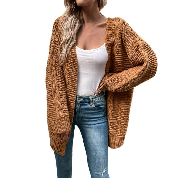 Fiaer Long Cardigan Sweaters For Women Long Sleeve Solid Loose Fit Casual Trendy Open Front Knitted Tops Yellow M