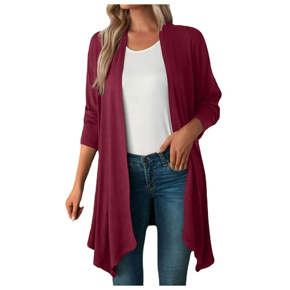 Fiaer Long Cardigans Sweaters for Women Plus Size Lightweight Long Sleeve Solid Asymmetric Hem Front Open Tops Red S