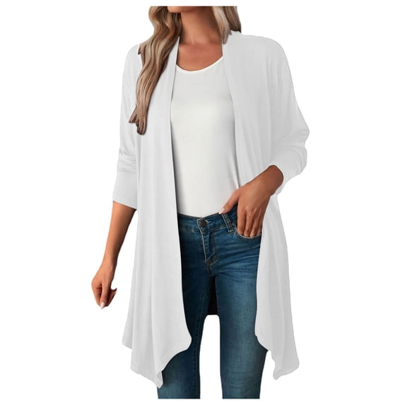 Fiaer Long Cardigans Sweaters for Women Plus Size Lightweight Long Sleeve Solid Asymmetric Hem Front Open Tops White S