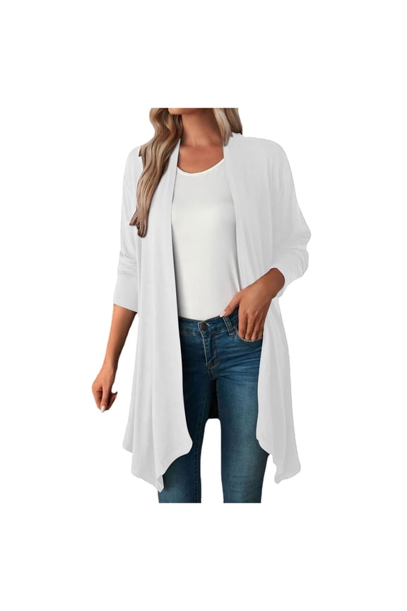 Long Cardigans Sweaters for Women Plus Size Lightweight Long Sleeve Solid Asymmetric Hem Front Open Tops White XXL