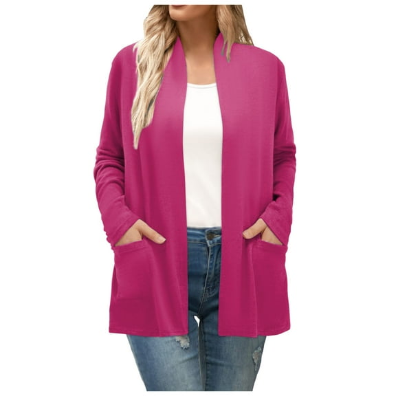 Fiaer Long Cardigans Sweaters for Women Plus Size Long Sleeve Solid Color Lightweight Fashion Open Front Tops with Pockets Hot Pink S