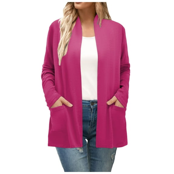 Fiaer Long Cardigans Sweaters for Women Plus Size Long Sleeve Solid Color Lightweight Fashion Open Front Tops with Pockets Hot Pink XXL