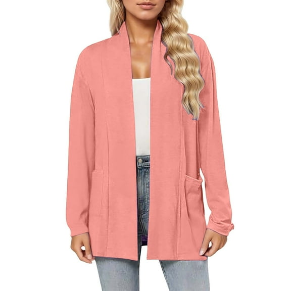 Fiaer Long Cardigans Sweaters for Women Plus Size Long Sleeve Solid Color Lightweight Fashion Open Front Tops with Pockets Pink1 L