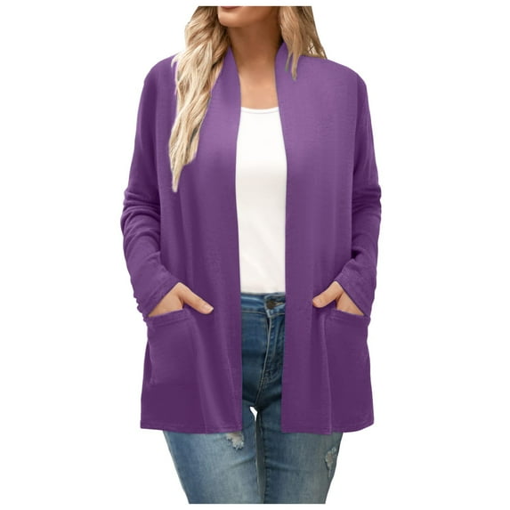 Fiaer Long Cardigans Sweaters for Women Plus Size Long Sleeve Solid Color Lightweight Fashion Open Front Tops with Pockets Purple M