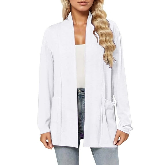 Fiaer Long Cardigans Sweaters for Women Plus Size Long Sleeve Solid Color Lightweight Fashion Open Front Tops with Pockets White XL