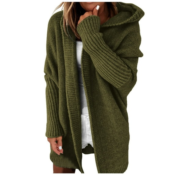 Fiaer Long Hooded Cardigan Sweaters For Women Loose Fit Solid Color Long Sleeve Casual Trendy Spliced Tops Army Green XL
