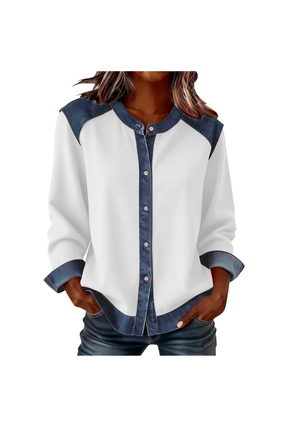 Long Sleeve Denim Patchwork Shirts for Women Dressy Casual Crewneck Button down Blouses Loose Lightweight Tunic Tops White XXL