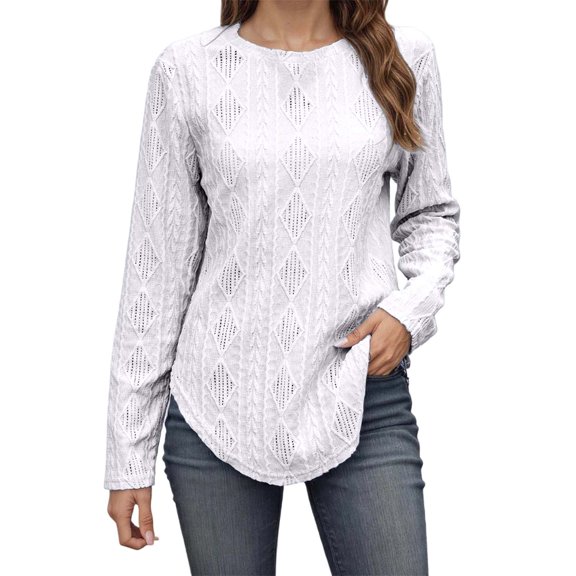 Fiaer,Long Sleeve Hollow out T Shirts for Women,Women's Crew Neck Loose Fit Casual Tshirts,Womens Trendy Going out Back Buttons Tops White L
