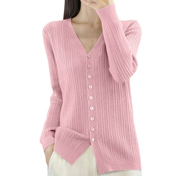 Fiaer Long Sleeve Knit Cardigan Sweaters for Women Lightweight Comfort Versatile Button Down V-Neck Solid Tops Pink XXL