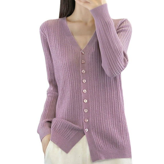 Fiaer Long Sleeve Knit Cardigan Sweaters for Women Lightweight Comfort Versatile Button Down V-Neck Solid Tops Purple L