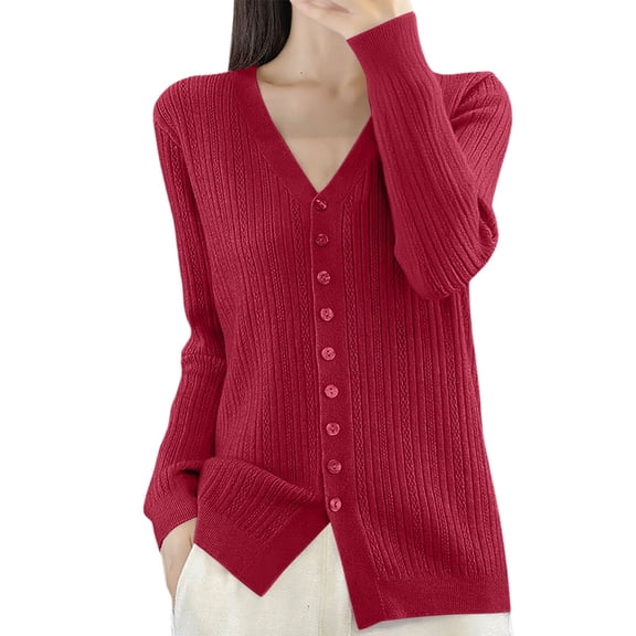 Fiaer Long Sleeve Knit Cardigan Sweaters for Women Lightweight Comfort Versatile Button Down V-Neck Solid Tops Red XL