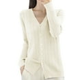 thumbnail image 1 of Fiaer Long Sleeve Knit Cardigan Sweaters for Women Lightweight Comfort Versatile Button Down V-Neck Solid Tops White L, 1 of 3