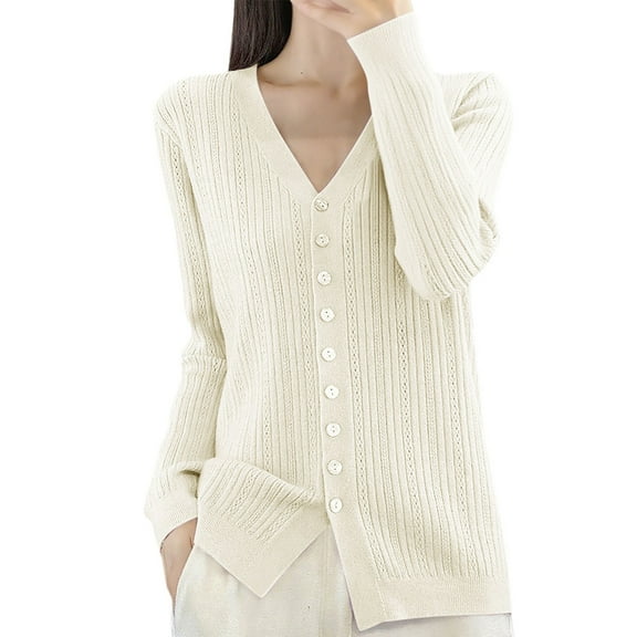 Fiaer Long Sleeve Knit Cardigan Sweaters for Women Lightweight Comfort Versatile Button Down V-Neck Solid Tops White L